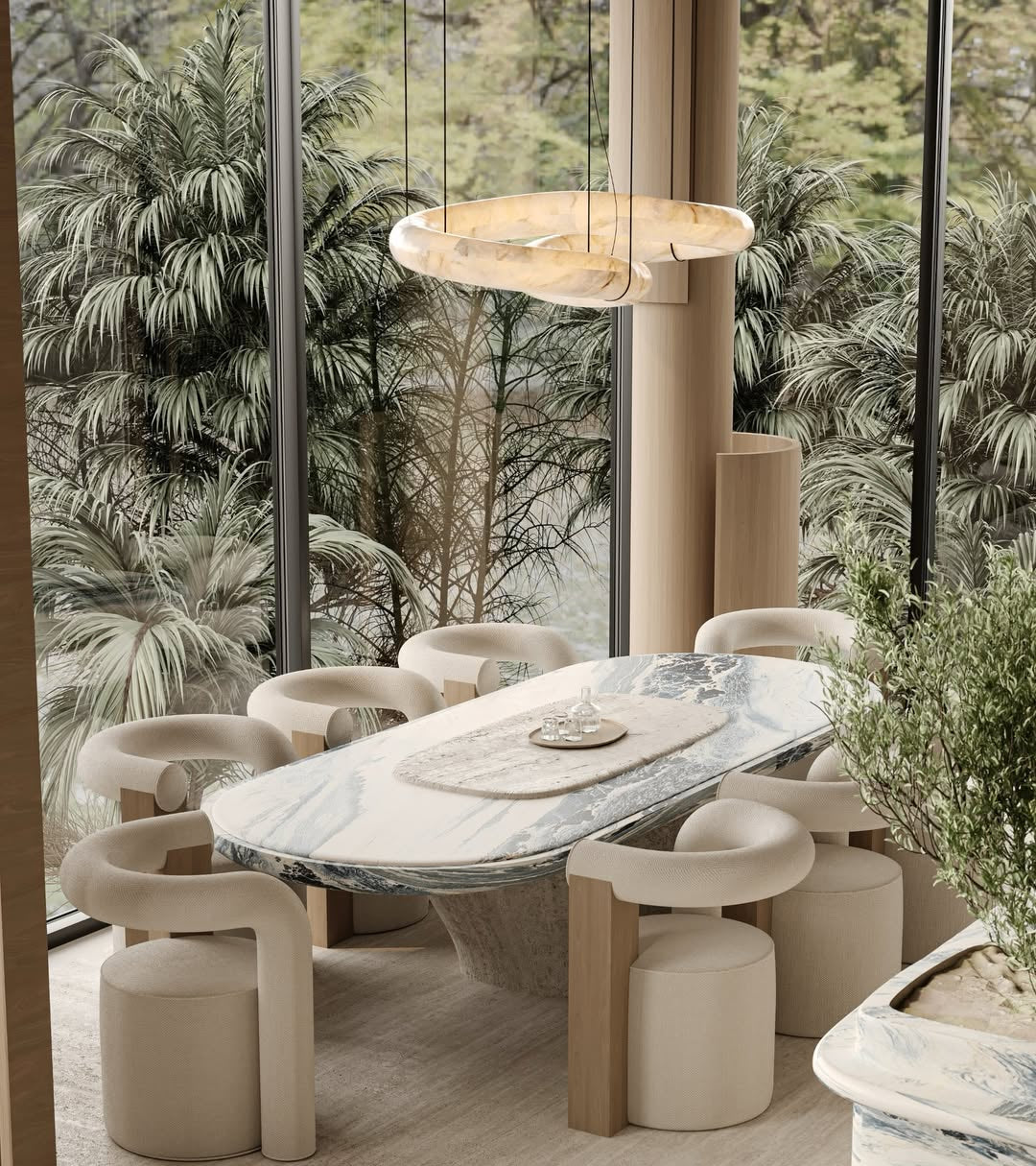 Spanish alabaster figure-8 pendant lighting a dining room