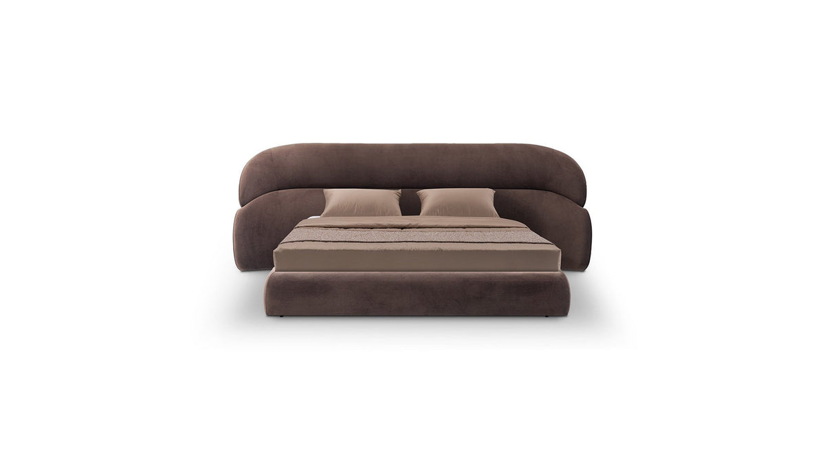 Maison Debrah Abrasse curved upholstered king bed in chocolate velvet at Cocolea Australia