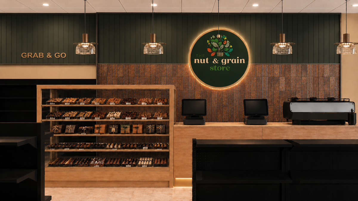 The Nut & Grain Store counter render at Central BLVD Caroline Springs, designed by Cocolea