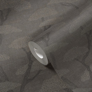 Chinoiserie Tree wallpaper in Charcoal by Natty & Polly, full pattern view