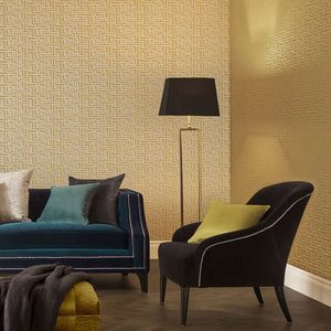 Zen wallpaper in Saffron by Natty & Polly, styled in an interior