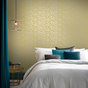Zen wallpaper in Saffron by Natty & Polly, styled in an interior