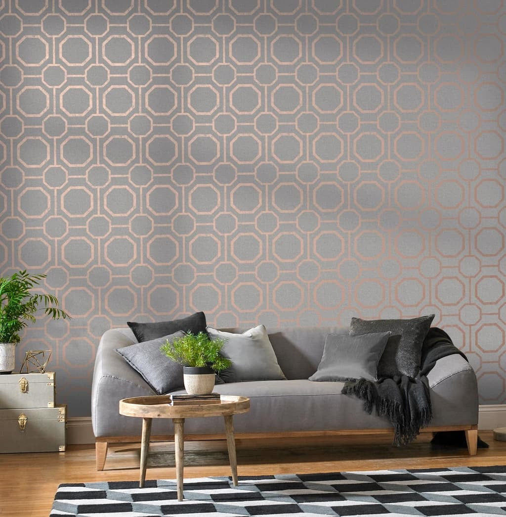 Sashiko wallpaper in Rose Gold by Natty & Polly, styled in an interior