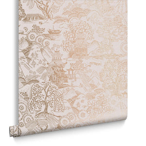 Basuto wallpaper in Pink / Rose Gold by Natty & Polly, styled in an interior