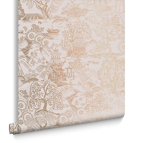 Basuto wallpaper in Pink / Rose Gold by Natty & Polly, styled in an interior