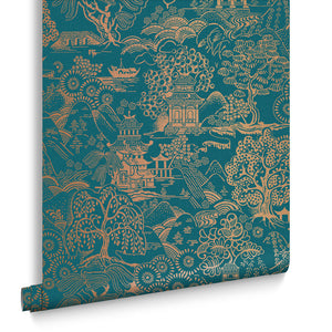 Basuto wallpaper in Teal / Copper by Natty & Polly, styled in an interior