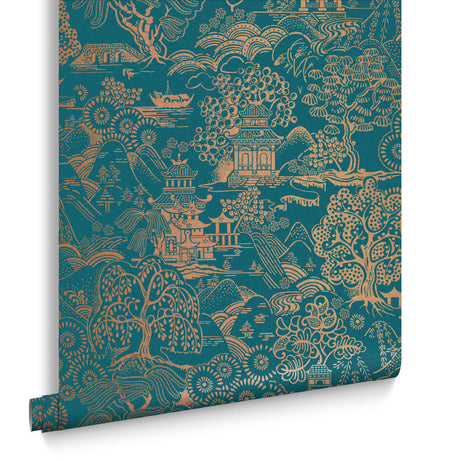 Basuto wallpaper in Teal / Copper by Natty & Polly, styled in an interior