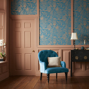 Basuto wallpaper in Teal / Copper by Natty & Polly, styled in an interior