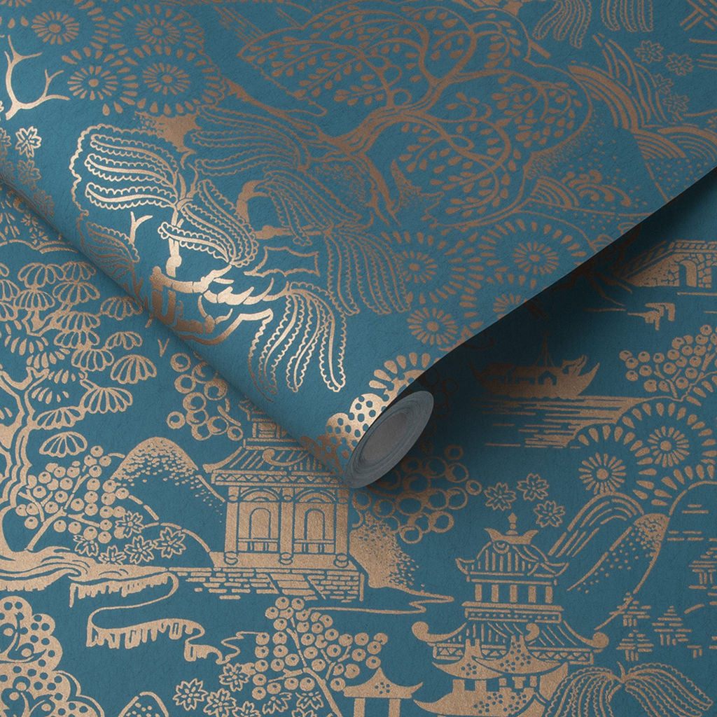 Basuto wallpaper in Teal / Copper by Natty & Polly, styled in an interior