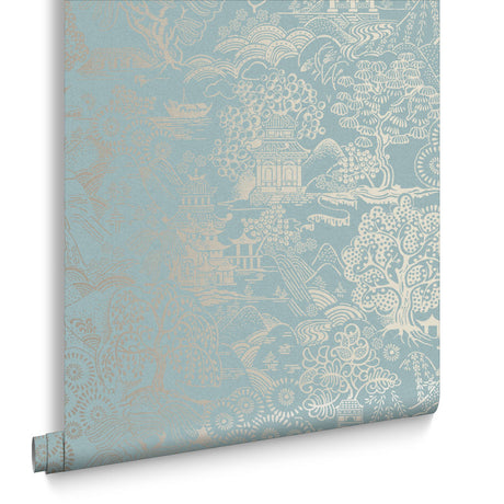Basuto wallpaper in Duck Egg / Metallic by Natty & Polly, styled in an interior