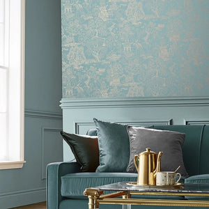 Basuto wallpaper in Duck Egg / Metallic by Natty & Polly, styled in an interior