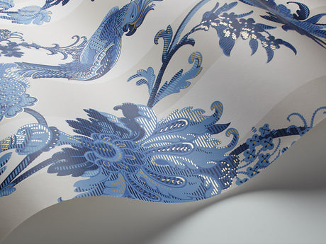 Zerzura wallpaper in China Blue by Natty & Polly, full pattern view