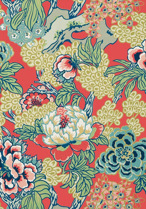 Honshu wallpaper in Coral / Green by Natty & Polly, full pattern view