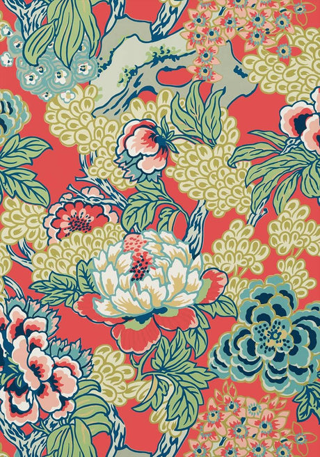 Honshu wallpaper in Coral / Green by Natty & Polly, full pattern view