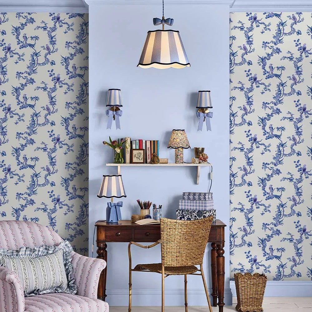Birds & Berries wallpaper in Blue by Natty & Polly, styled in an interior