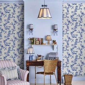 Birds & Berries wallpaper in Blue by Natty & Polly, styled in an interior