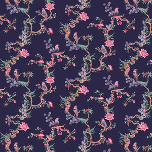Birds & Berries wallpaper in Navy by Natty & Polly, full pattern view