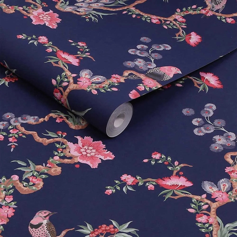 Birds & Berries wallpaper in Navy by Natty & Polly, styled in an interior