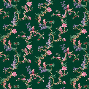 Birds & Berries wallpaper in Emerald by Natty & Polly, full pattern view