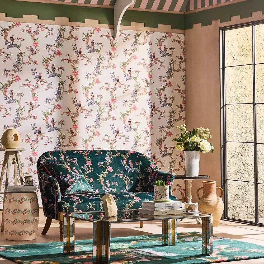 Birds & Berries wallpaper in Spring by Natty & Polly, styled in an interior