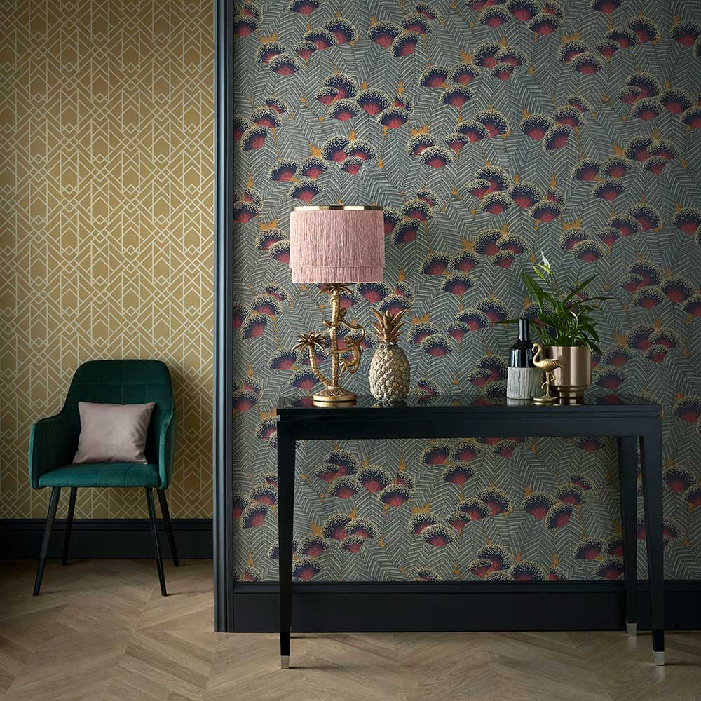 Clarice wallpaper in Jet by Natty & Polly, full pattern view
