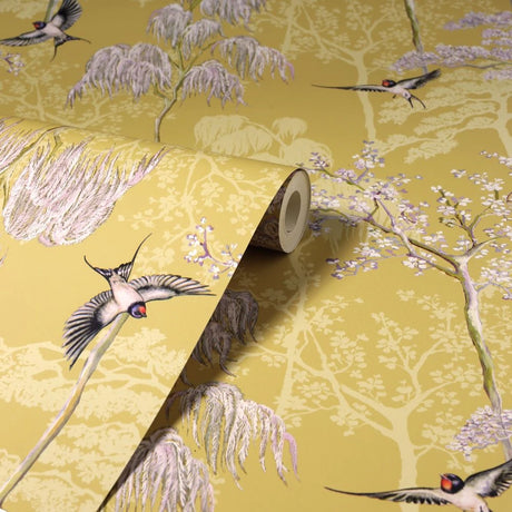 Japanese Garden wallpaper in Ochre by Natty & Polly, full pattern view