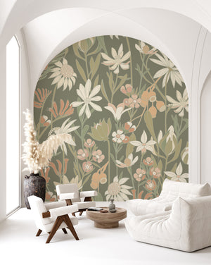 Bushwalk wallpaper mural in Moss by Natty & Polly, Australian native flora and fauna, styled in an interior