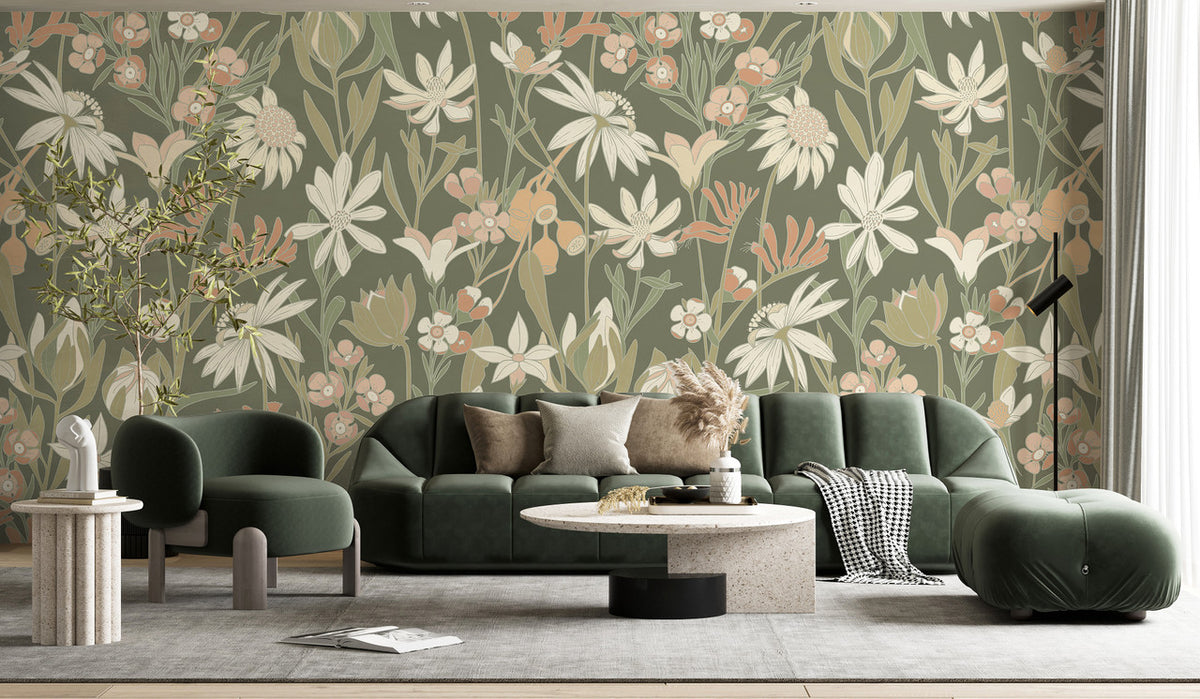 Bushwalk wallpaper mural in Moss by Natty & Polly, Australian native flora and fauna, styled in an interior