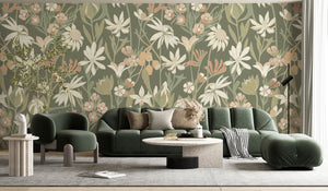 Bushwalk wallpaper mural in Moss by Natty & Polly, Australian native flora and fauna, styled in an interior