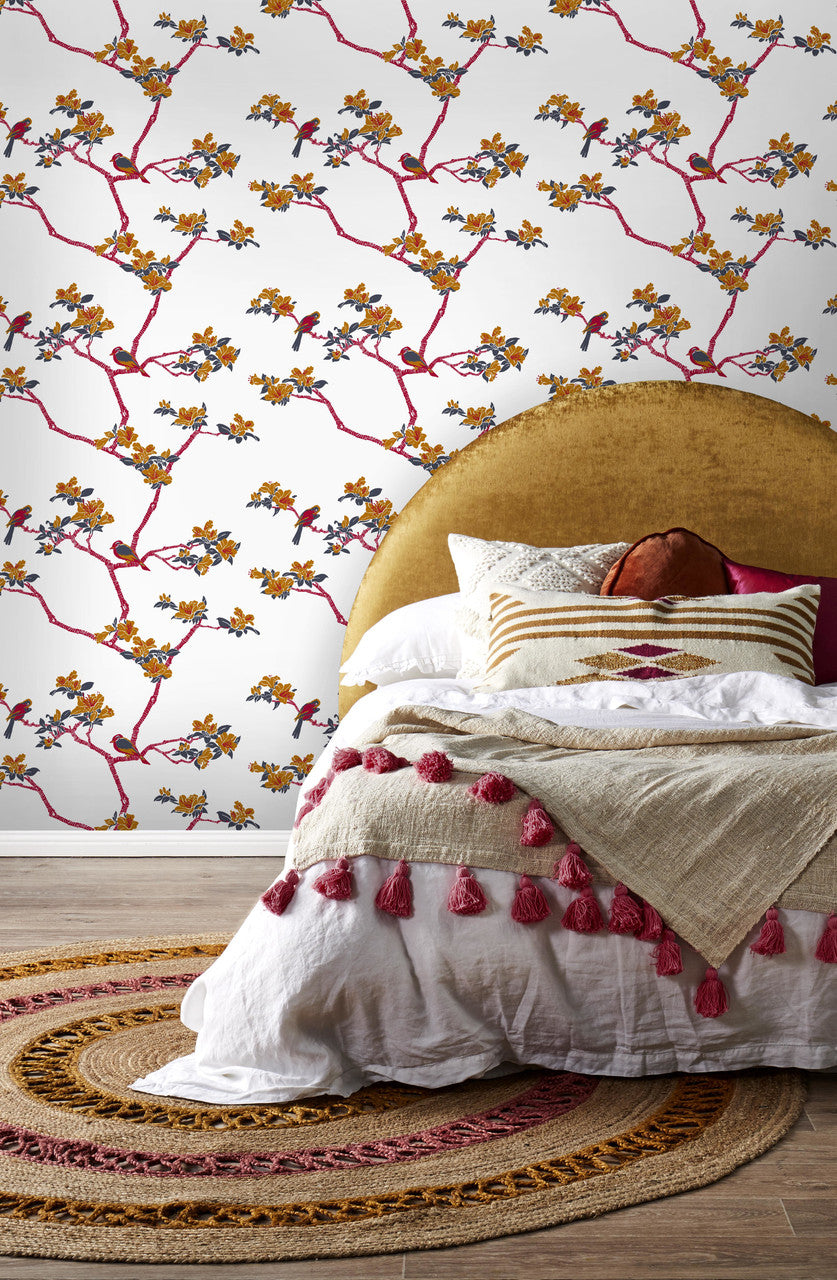 Azalea wallpaper by Natty & Polly, styled in a bedroom