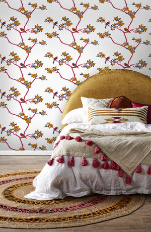 Azalea wallpaper by Natty & Polly, styled in a bedroom