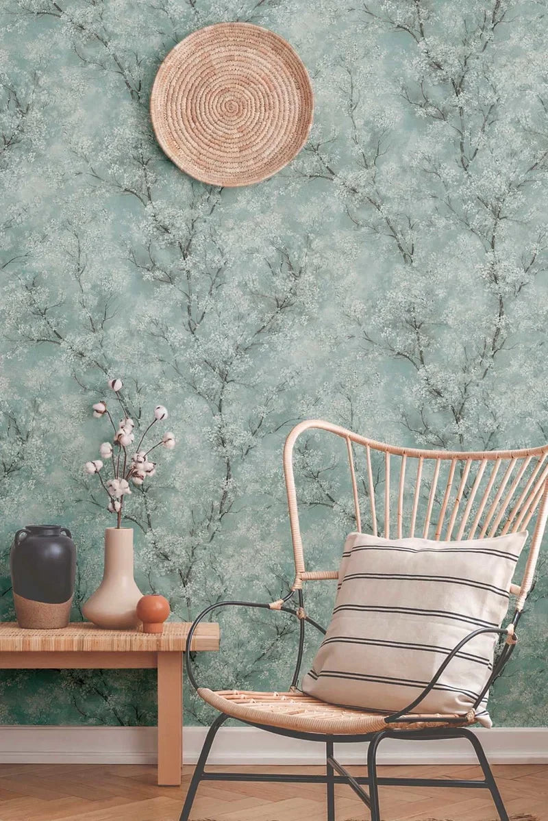 Chinoiserie Tree wallpaper in Turquoise by Natty & Polly, full pattern view