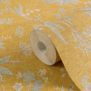 Baum wallpaper in Vintage Yellow by Natty & Polly, full pattern view