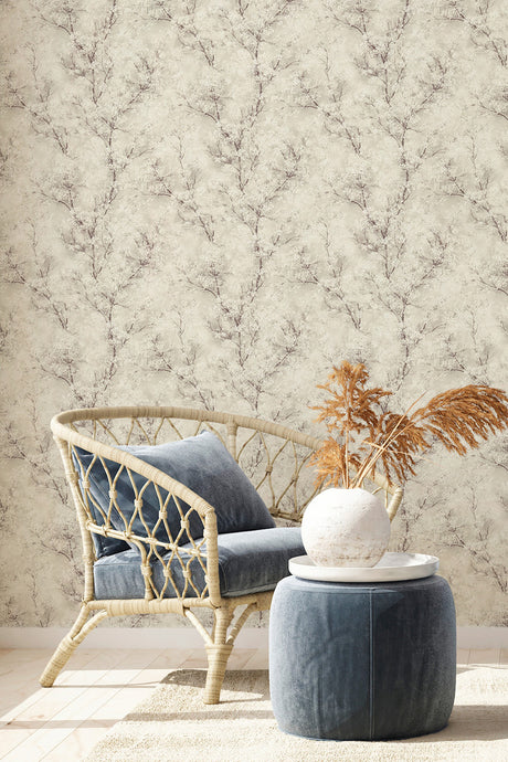 Chinoiserie Tree wallpaper in Grey / Cream by Natty & Polly, styled in an interior