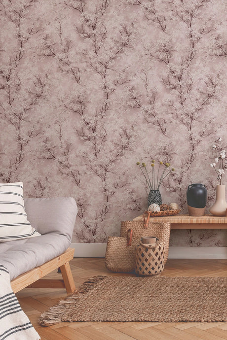 Chinoiserie Tree wallpaper in Pink by Natty & Polly, styled in an interior