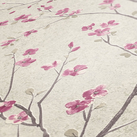 Cherry Tree wallpaper in White / Pink by Natty & Polly, styled in an interior