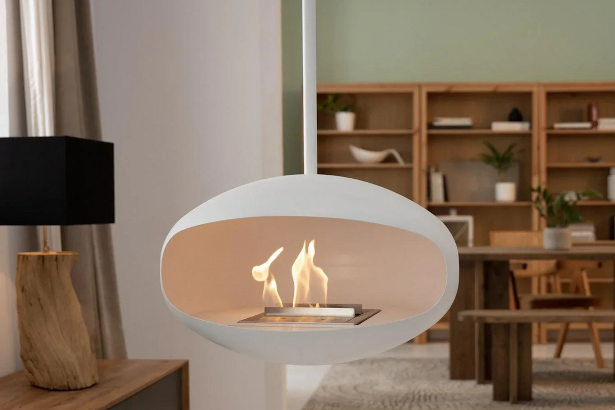 Cocoon Aeris Hanging Ethanol Fireplace – Matt White with White Standard Hanging Pole, Cocolea, , ,