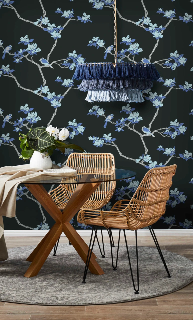 Azalea wallpaper by Natty & Polly, styled in a dining room