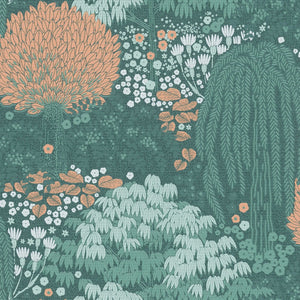 Weeping Tree wallpaper in Green / Orange by Natty & Polly, full pattern view