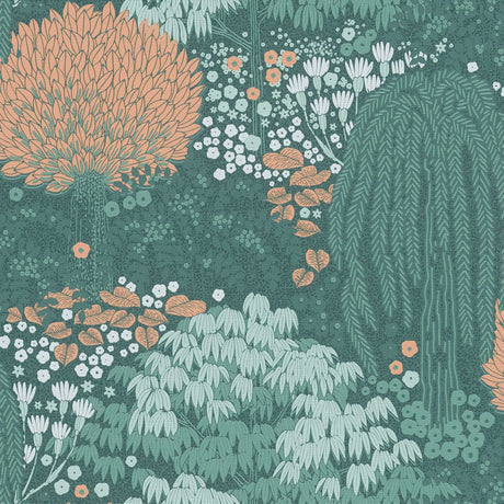 Weeping Tree wallpaper in Green / Orange by Natty & Polly, full pattern view