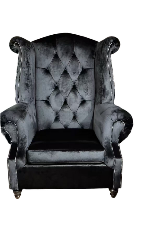 Ethan Grand Chesterfield Wingback Armchair – Black Velvet with Stud Detailing, Cocolea, , ,