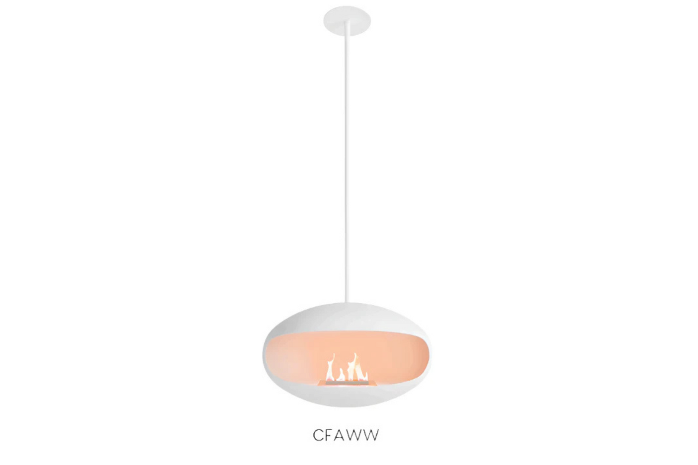 Cocoon Aeris Hanging Ethanol Fireplace – Matt White with White Angled Hanging Pole, Cocolea, , ,