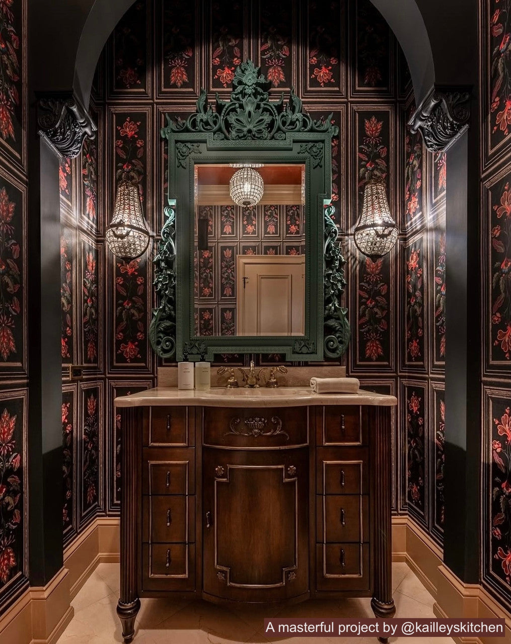 Tyrolean Panel wallpaper in Black Multi by Natty & Polly, styled in an interior