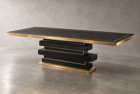 Strata Flush Brass Inlay Dining Table in Black Veneer with Pedestal Base – CUSTOMISE, Cocolea, , ,