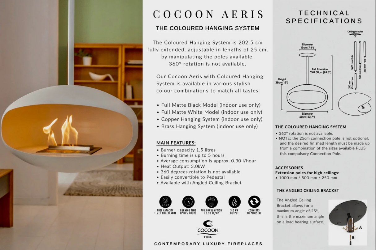 Cocoon Aeris Hanging Ethanol Fireplace – Matt White with White Standard Hanging Pole, Cocolea, , ,