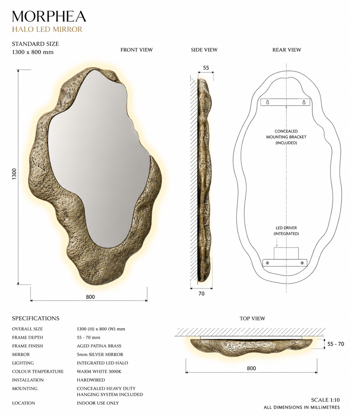 Morphea Halo LED Mirror | Organic Backlit Entry Mirror in Aged Patina Brass |