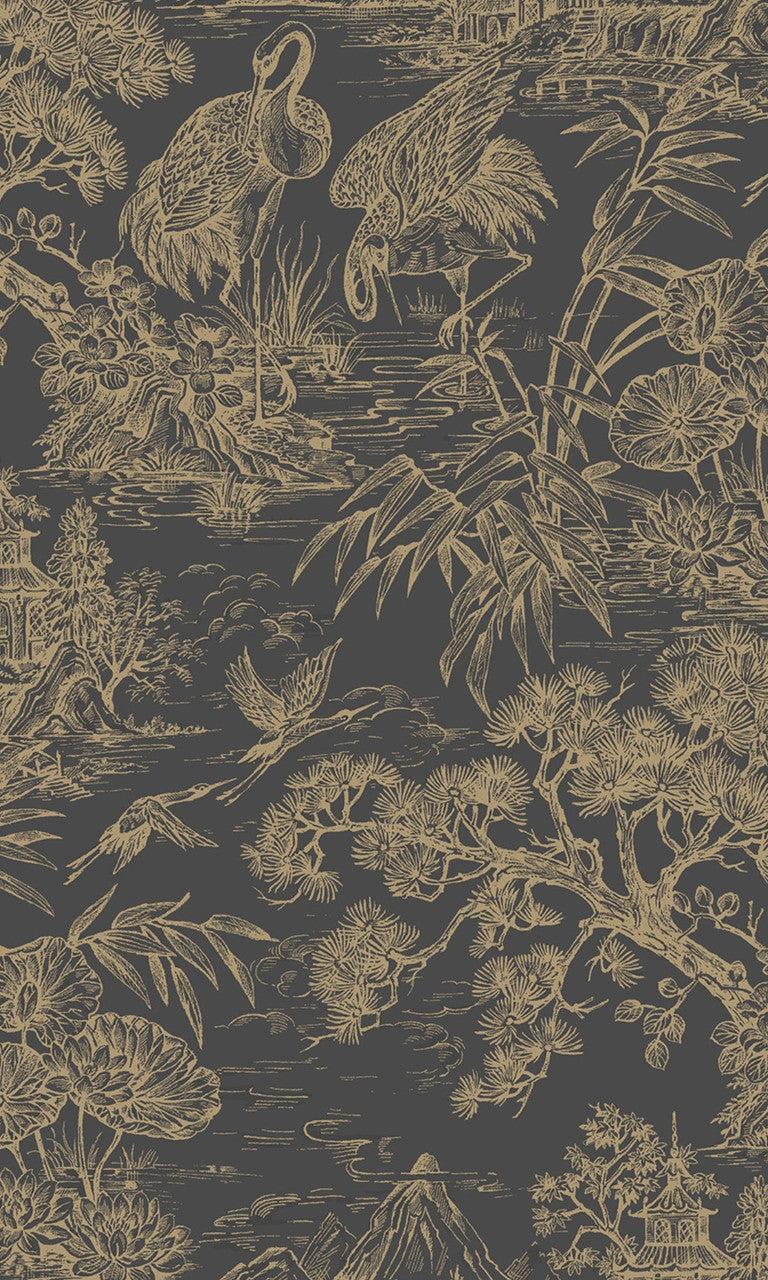 Natoru wallpaper in Charcoal / Gold by Natty & Polly, full pattern view