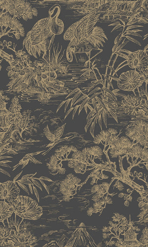 Natoru wallpaper in Charcoal / Gold by Natty & Polly, full pattern view