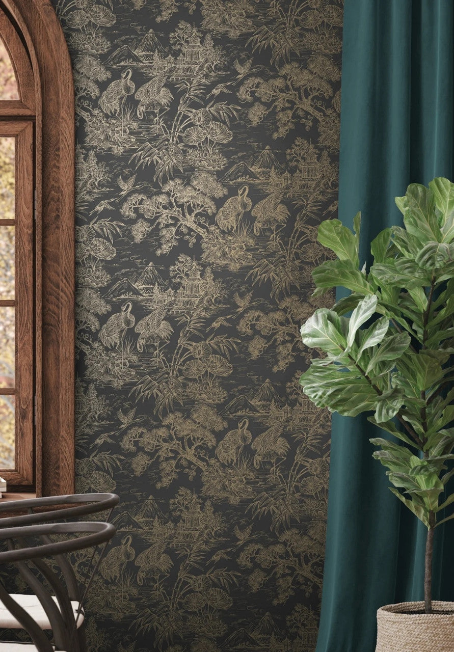 Natoru wallpaper in Charcoal / Gold by Natty & Polly, full pattern view