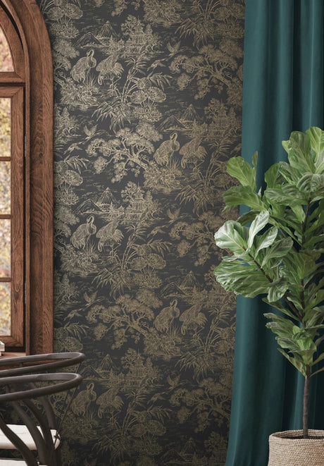 Natoru Wallpaper, Cocolea Natty & Polly, Charcoal / Gold, Per roll (53 cm × 10 m),